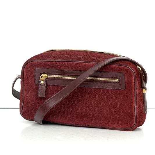 Saint Laurent Suede Monogram All Over Camera Shoulder Bag in Burgundy Suede S13