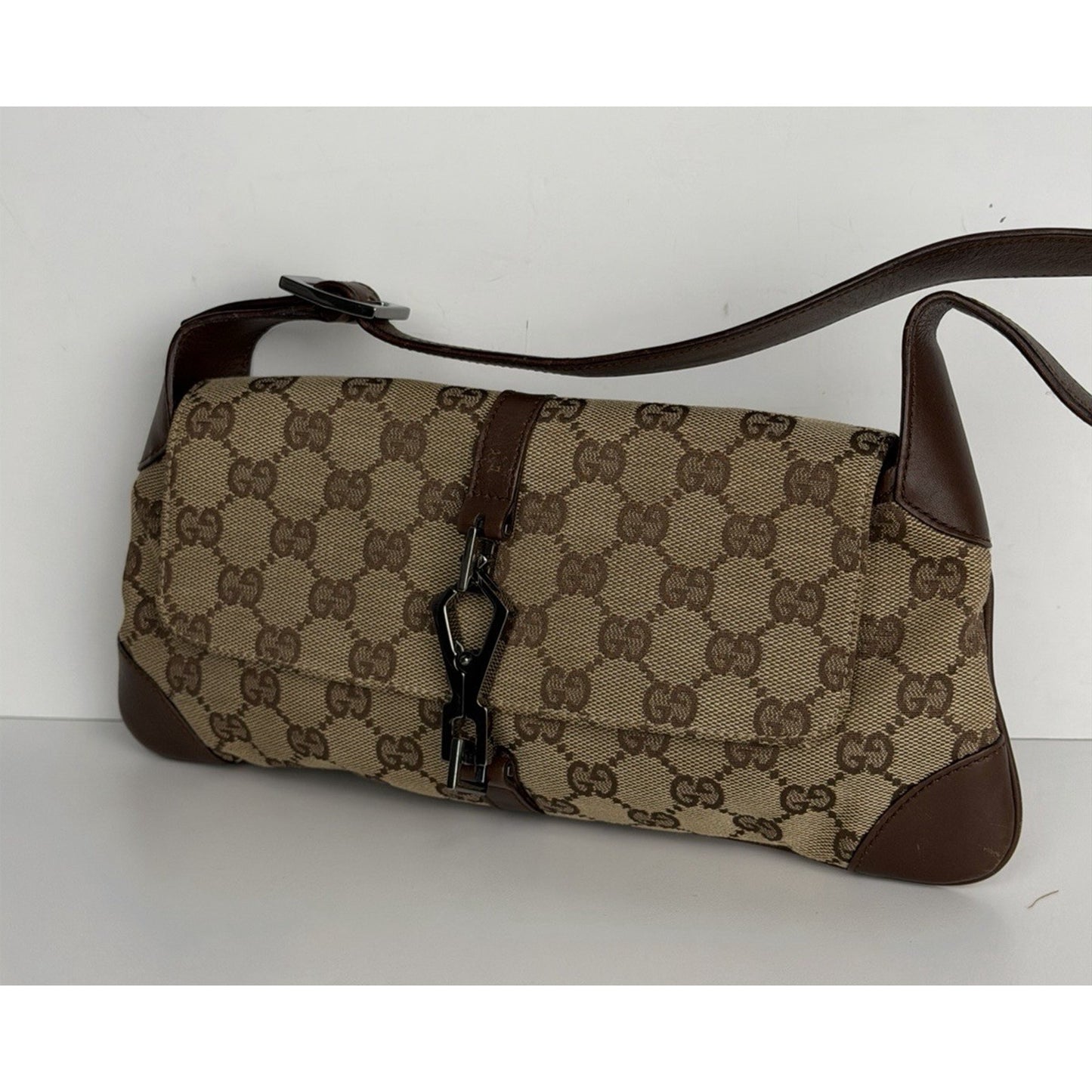Gucci GG Vintage Jackie O Flap Bag Monogram Canvas & Piston Closure S09
