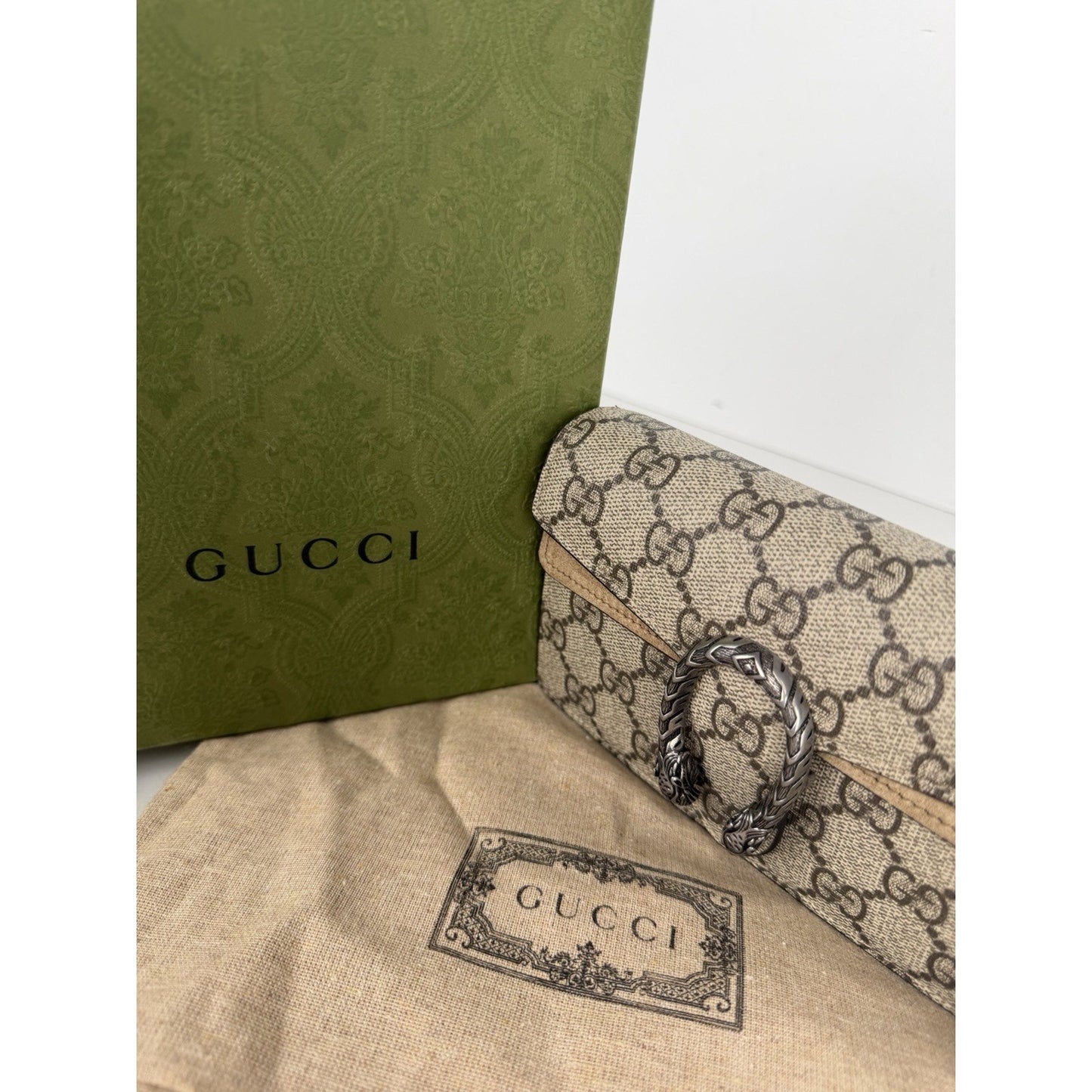 Gucci Dionysus Bag Super Mini in Brown GG Supreme Monogram Coated Canvas S-13
