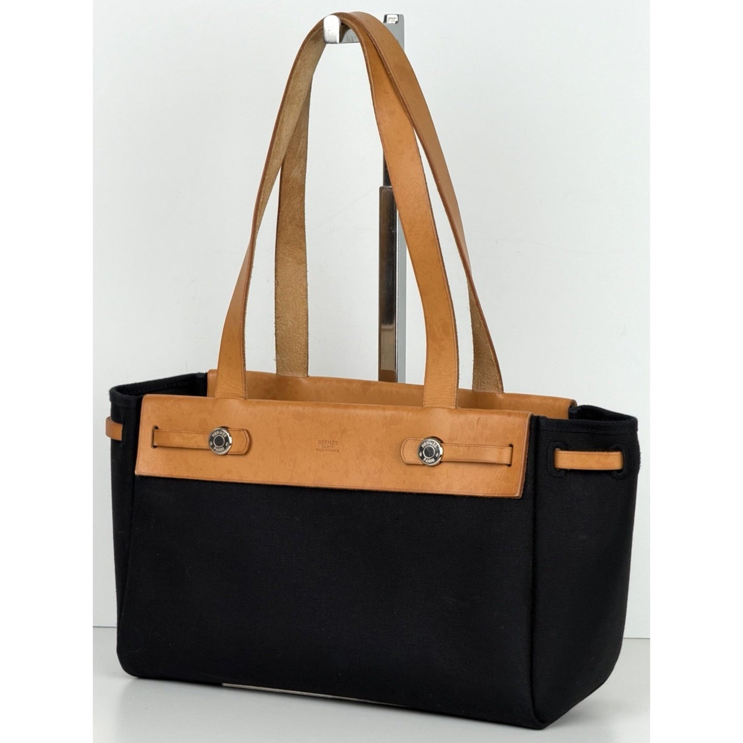 Hermes Herbag Toile Cabas Tote Bag PM in Black Canvas with Leather Trim 2004 S