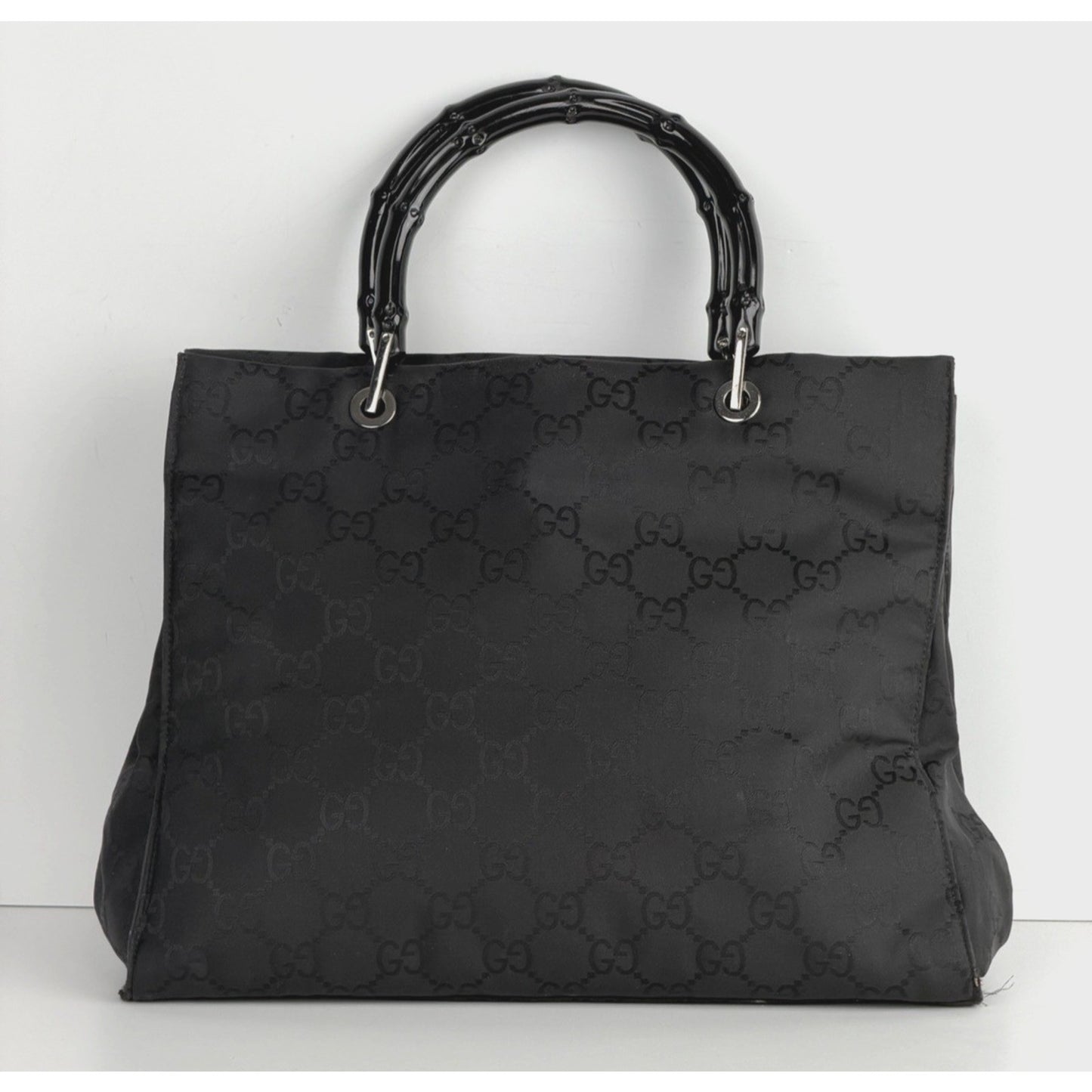 Gucci GG Bamboo Tote Bag Medium Vintage Shopper Sleek Black Monogram Nylon S15