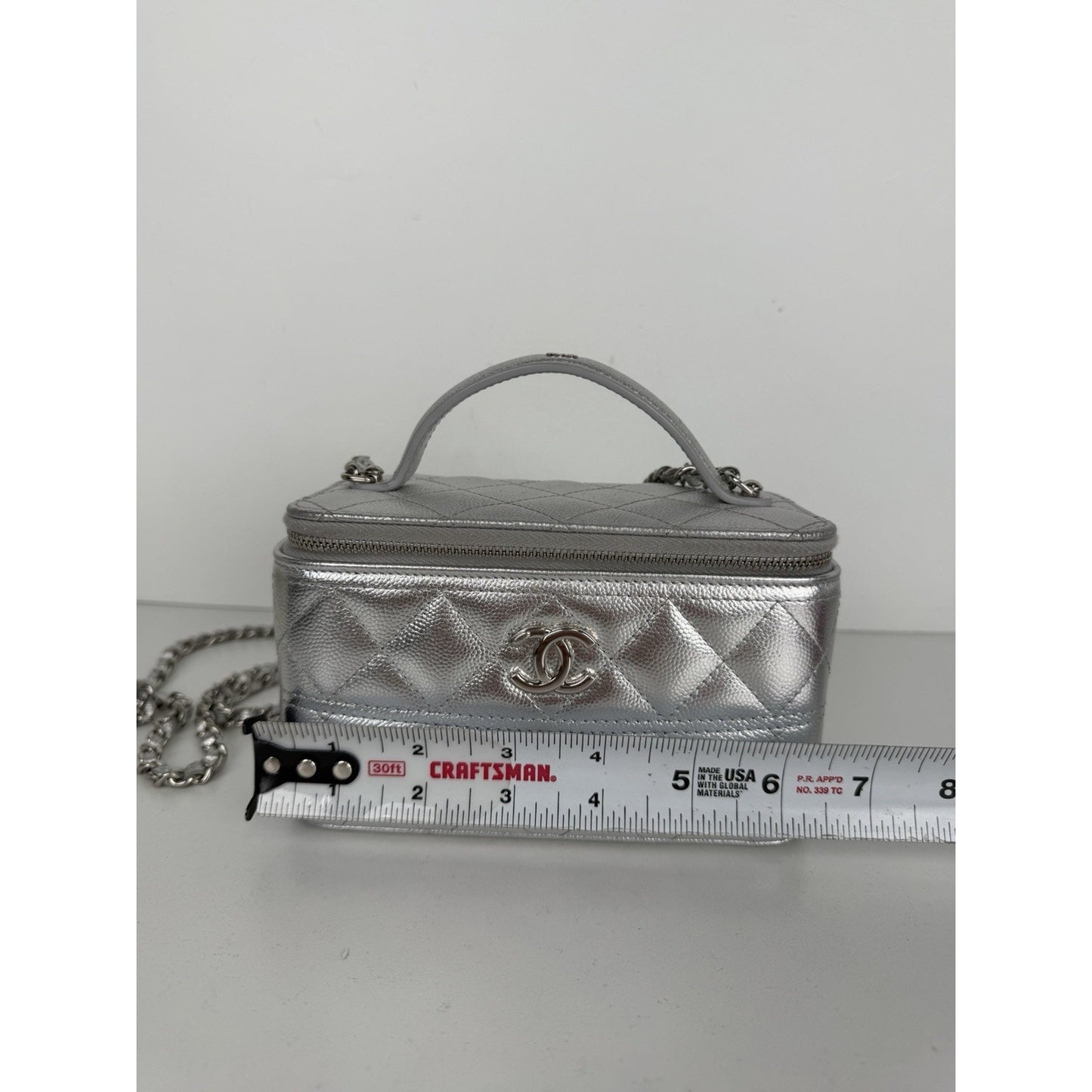 Chanel Slim Top Handle Vanity Case Bag in Metallic Silver Caviar Leather NFC B-5
