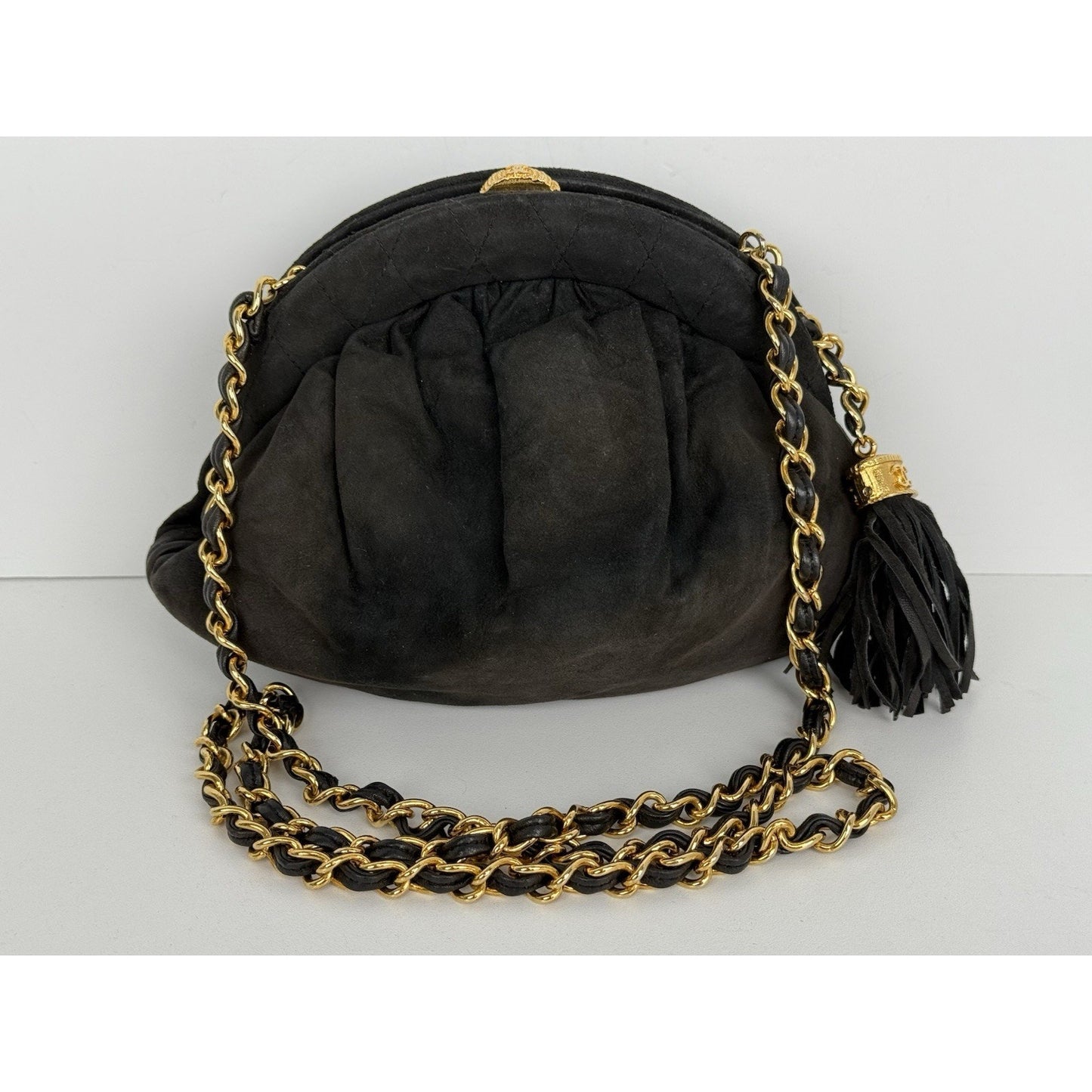 Chanel CC Matelassé Fringe Chain Shoulder Vintage Bag Black with Gold Hardware