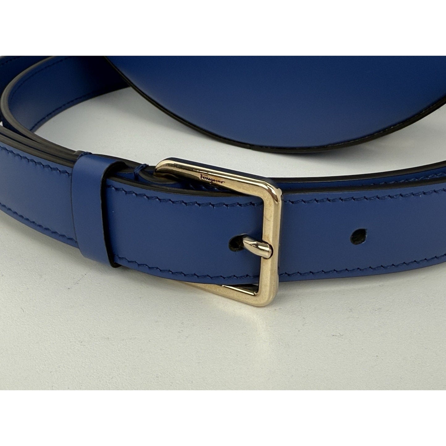 Salvatore Ferragamo Studio Round Bag Blue Leather with Gold Hardware