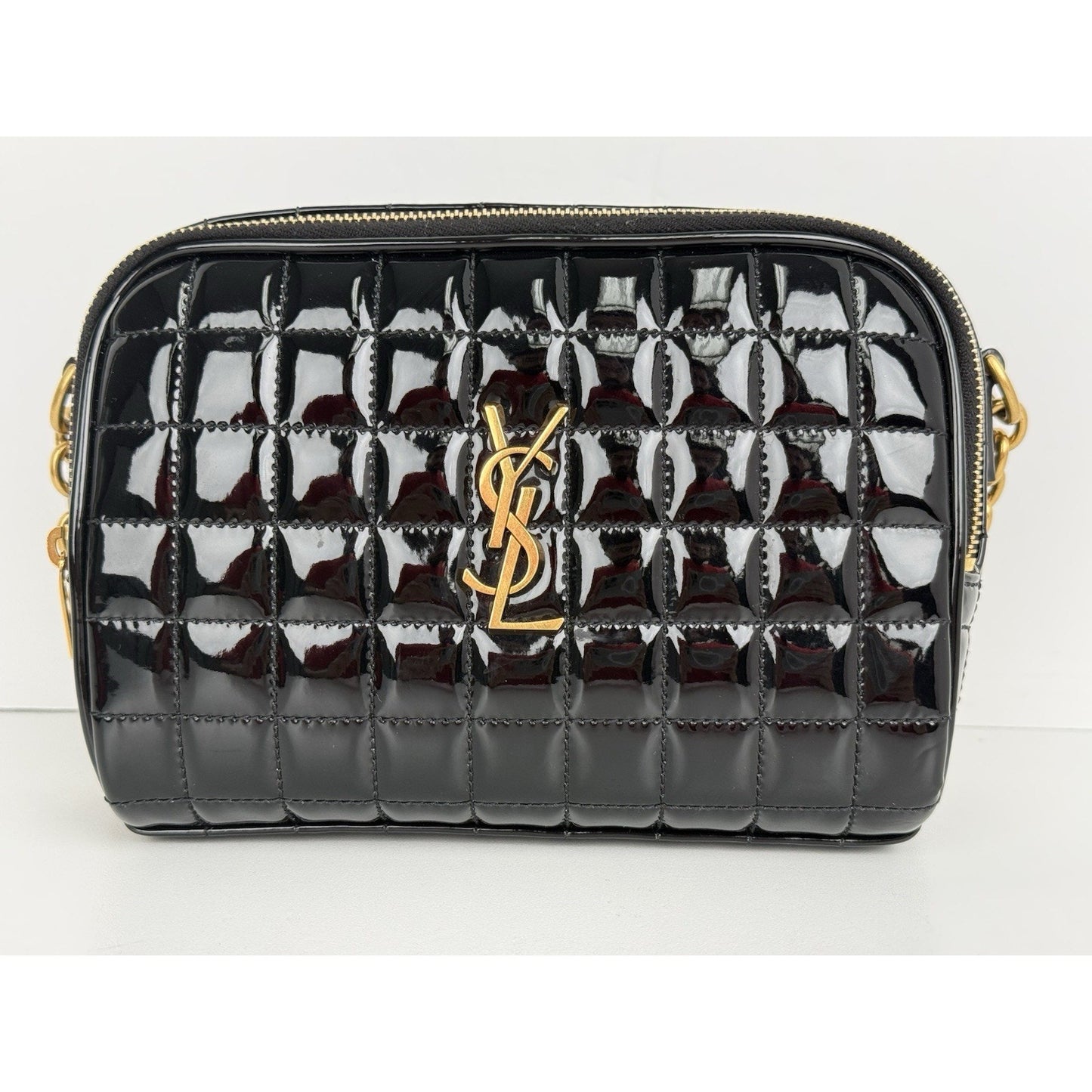 Saint Laurent Patent Calfskin Carré Quilted Cassandre Mini Camera Bag Black