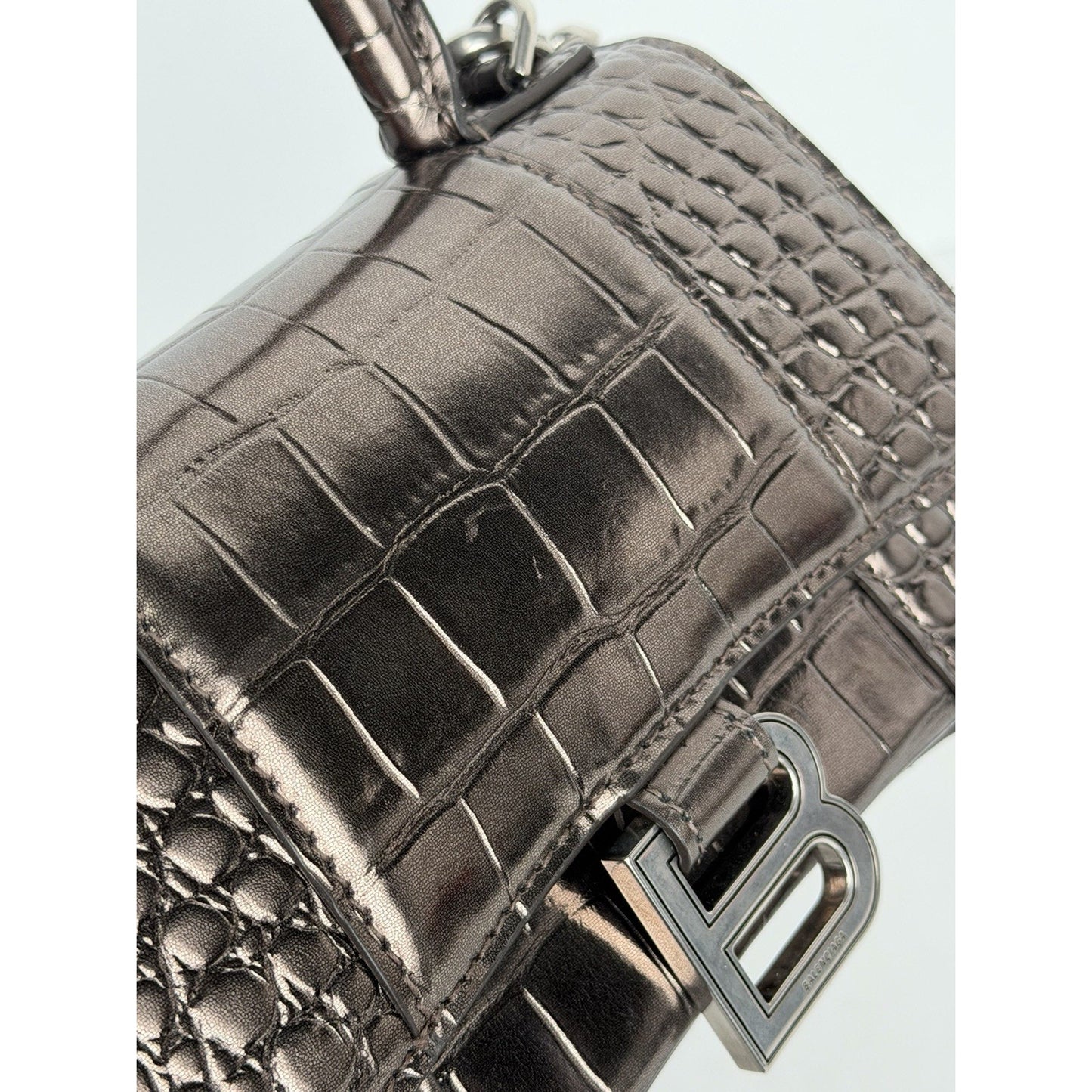 Balenciaga Hourglass XS Bag in Metallic Dark Gray Croc-Effect Leather S03