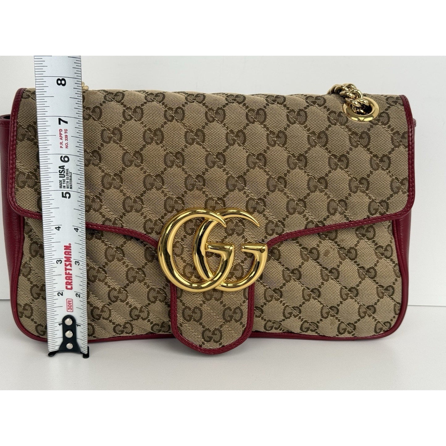 Gucci GG Marmont Monogram Matelassé Diagonal Shoulder Bag Beige and Red
