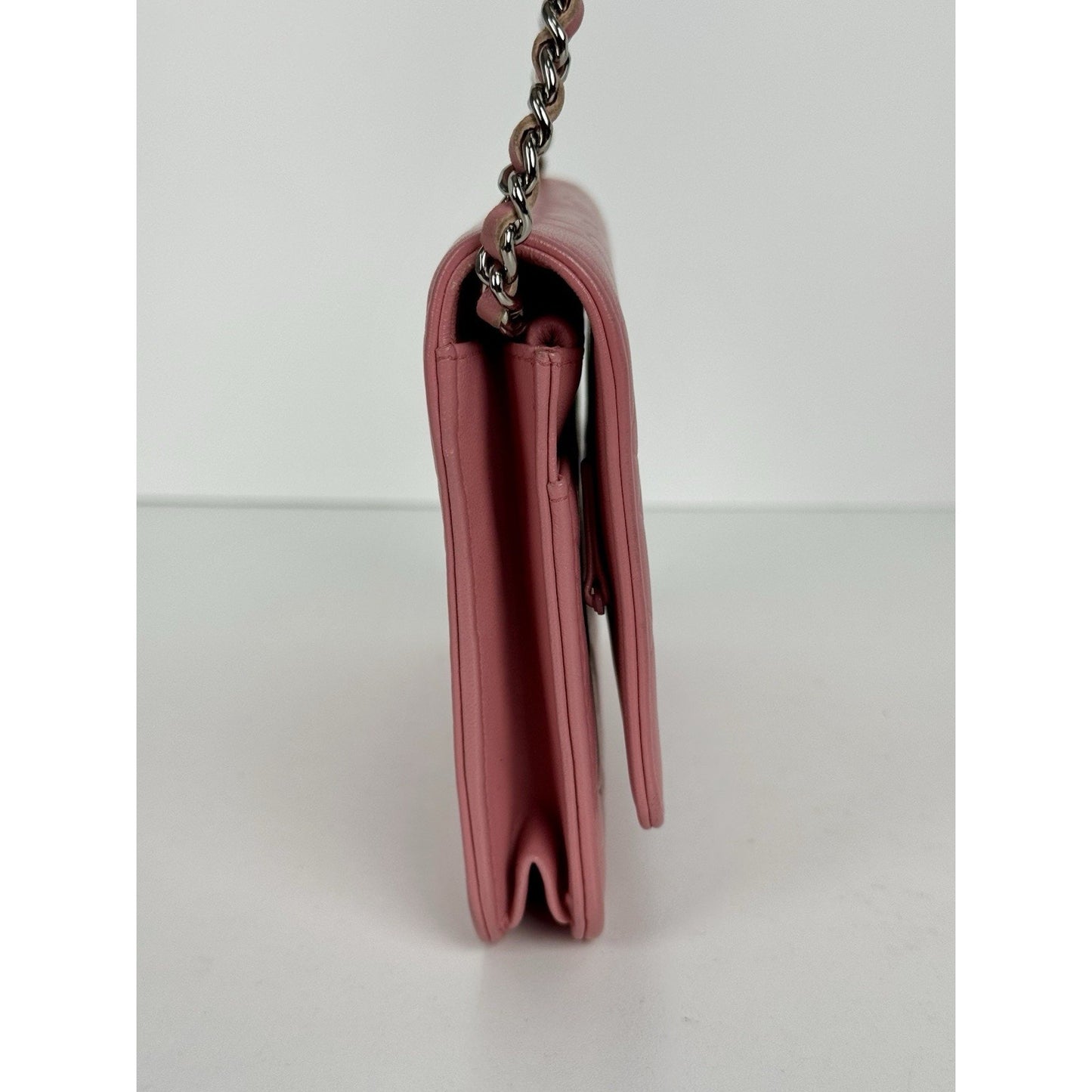 Chanel Camellia Wallet on Chain Pink Embossed Lambskin Silver Hardware B-9