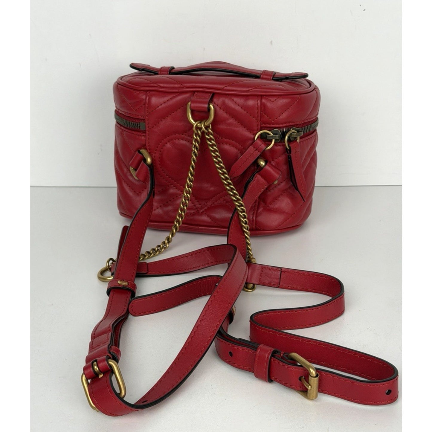 Gucci GG Marmont Mini Vanity Backpack in Red Chevron-Quilted Calfskin Leather S9