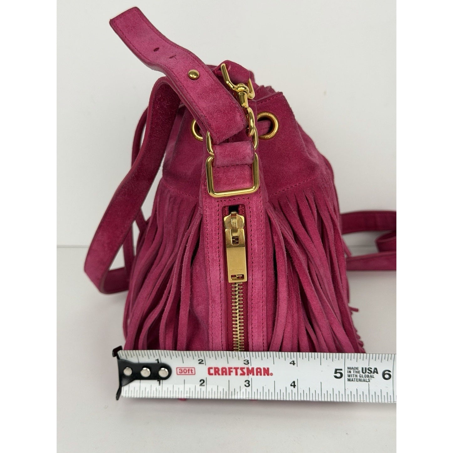 Saint Laurent Emmanuelle Fringe Bucket Bag in Pink Suede F2