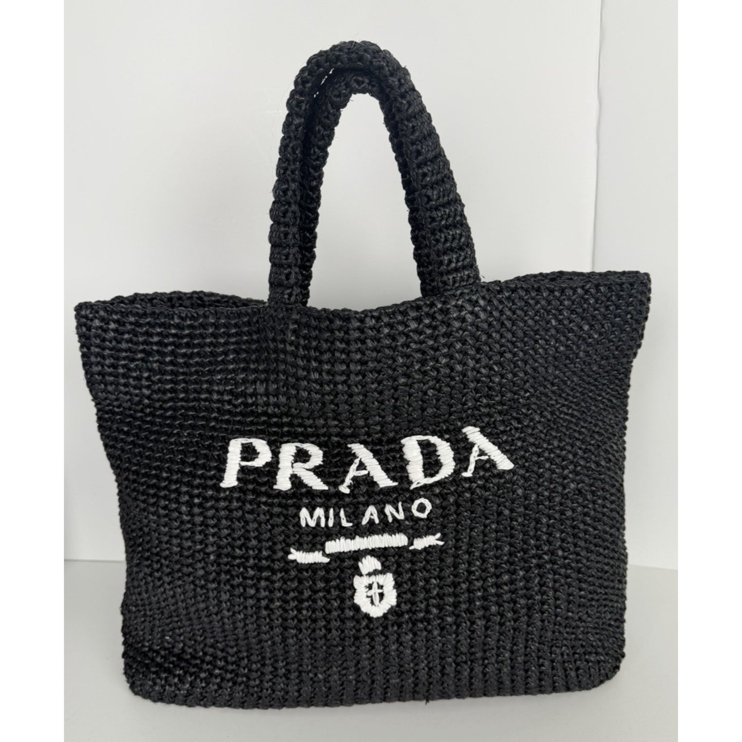 Prada Raffia Black Tote Bag with a White Embroidered Logo D3
