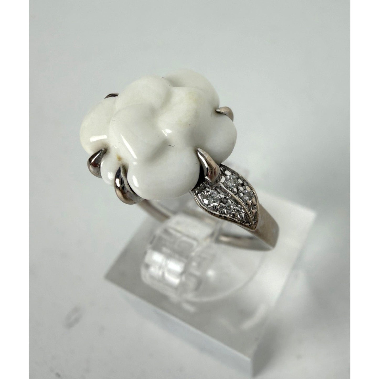 Chanel Camellia Agate Diamond Ring Size 5 in 18k White Gold