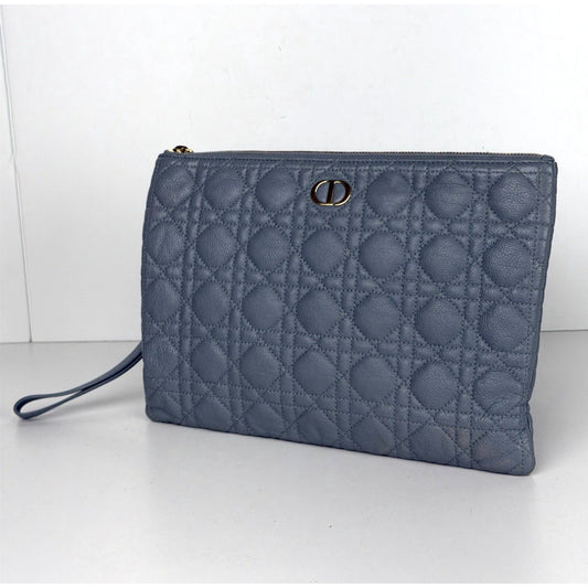 Christian Dior Caro Large Pouch Clutch Bag in Blue Quilted Calfskin Leather S03