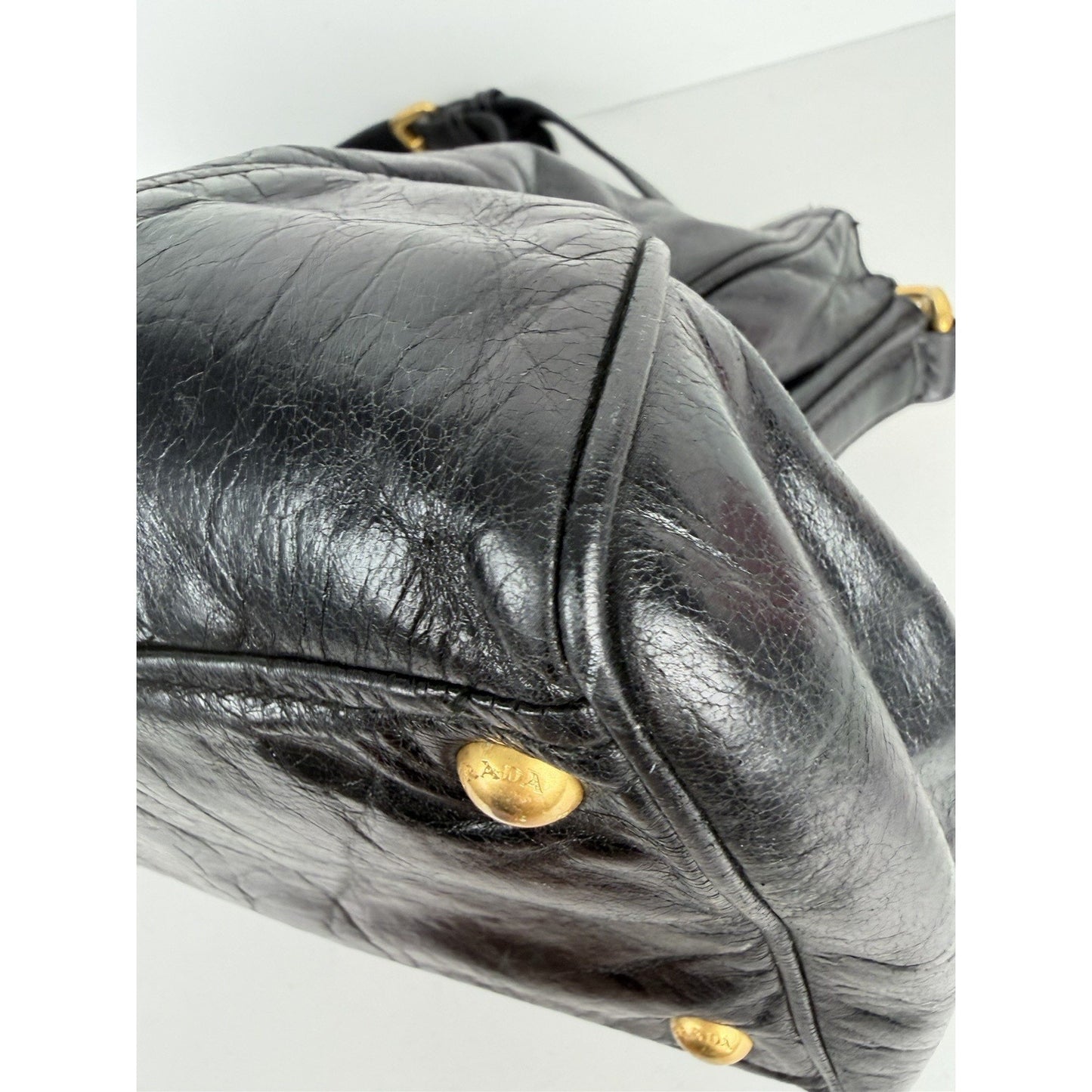 Prada Shopping Satchel Bag Medium Black Vitello Crinkled Leather Gold Hardware S