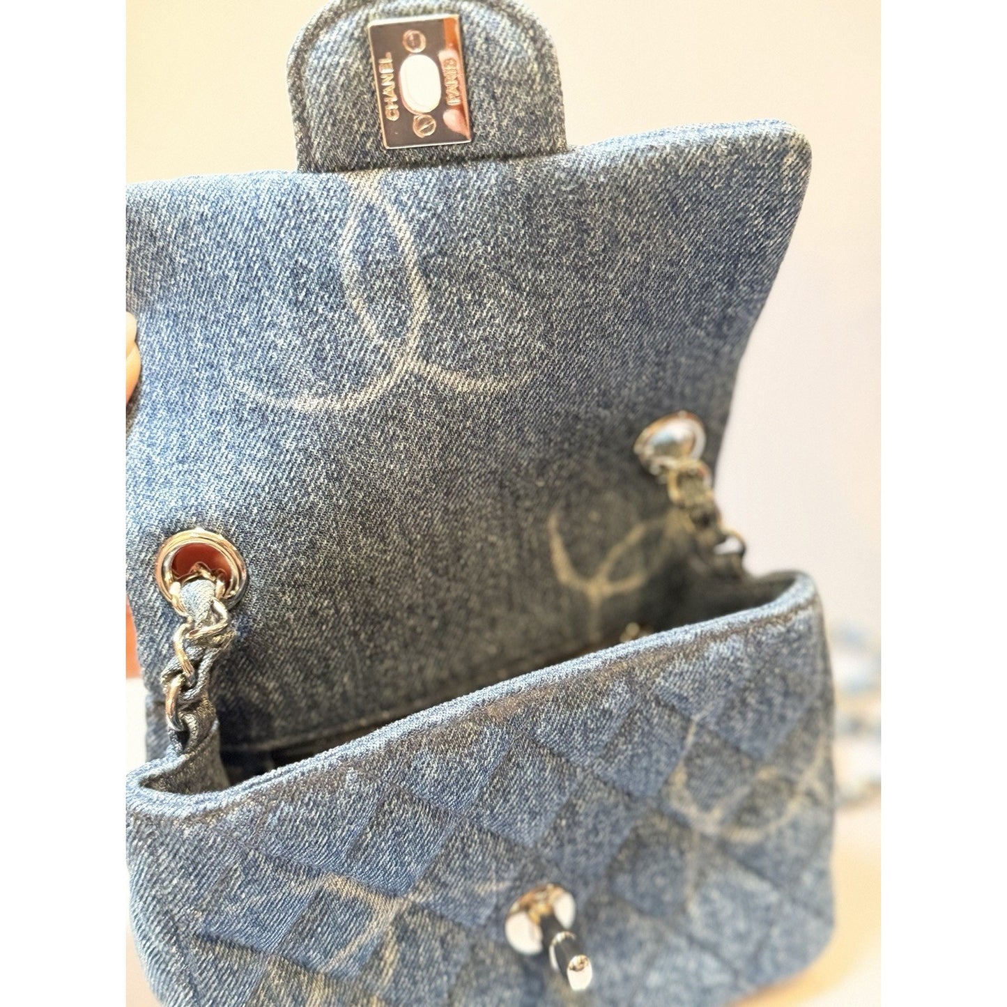 Chanel Square Classic Single Flap Bag Quilted CC Printed Denim Mini