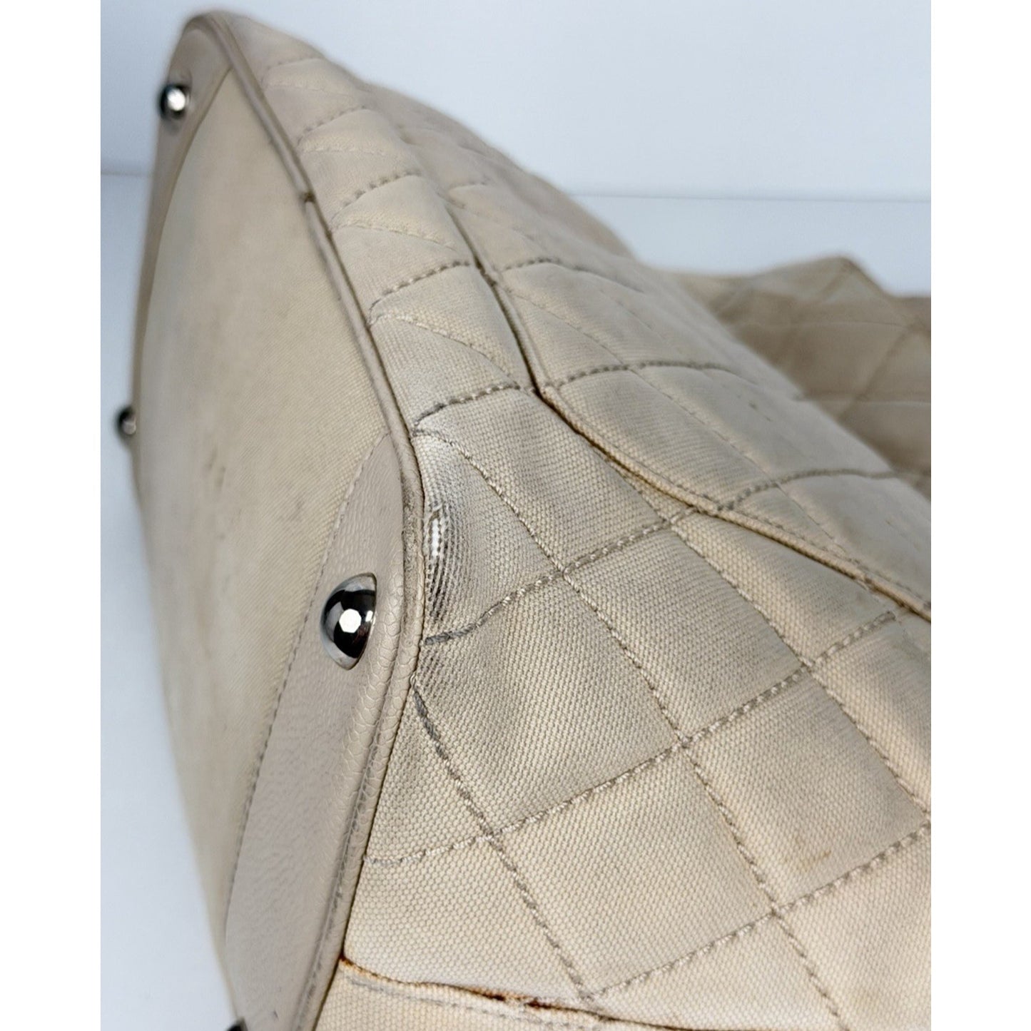 Chanel Quilted Caviar Logo and Canvas Medallion Tote Handbag Beige 2004-2005 C7