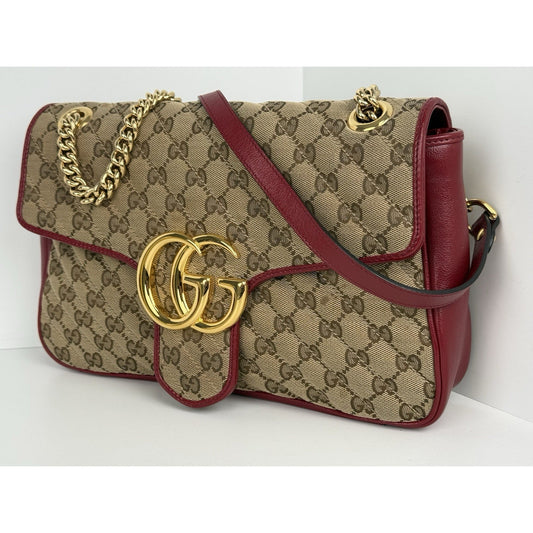 Gucci GG Marmont Monogram Matelassé Diagonal Shoulder Bag Beige and Red