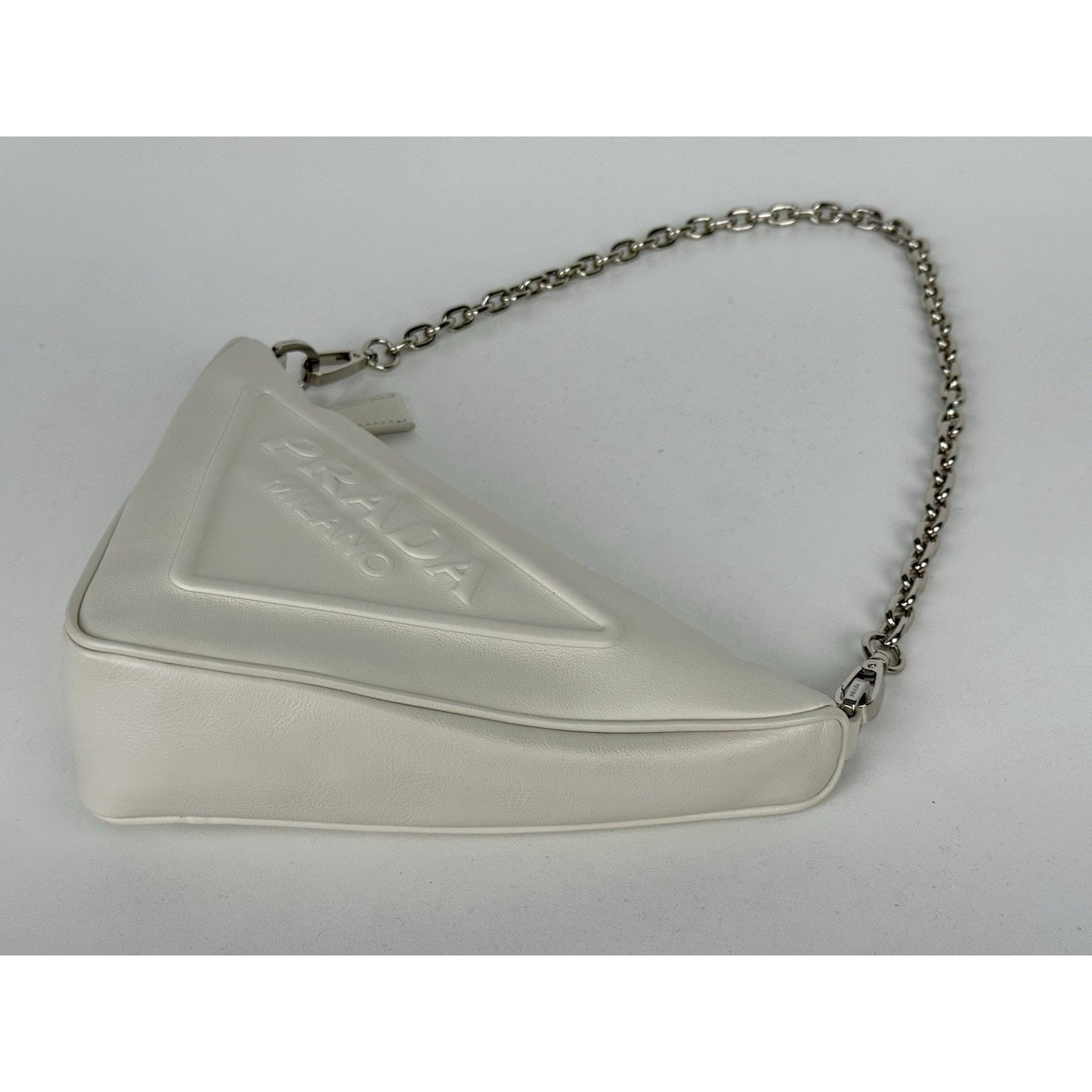 Prada Triangle Logo Shoulder Bag Ivory Leather Silver Hardware