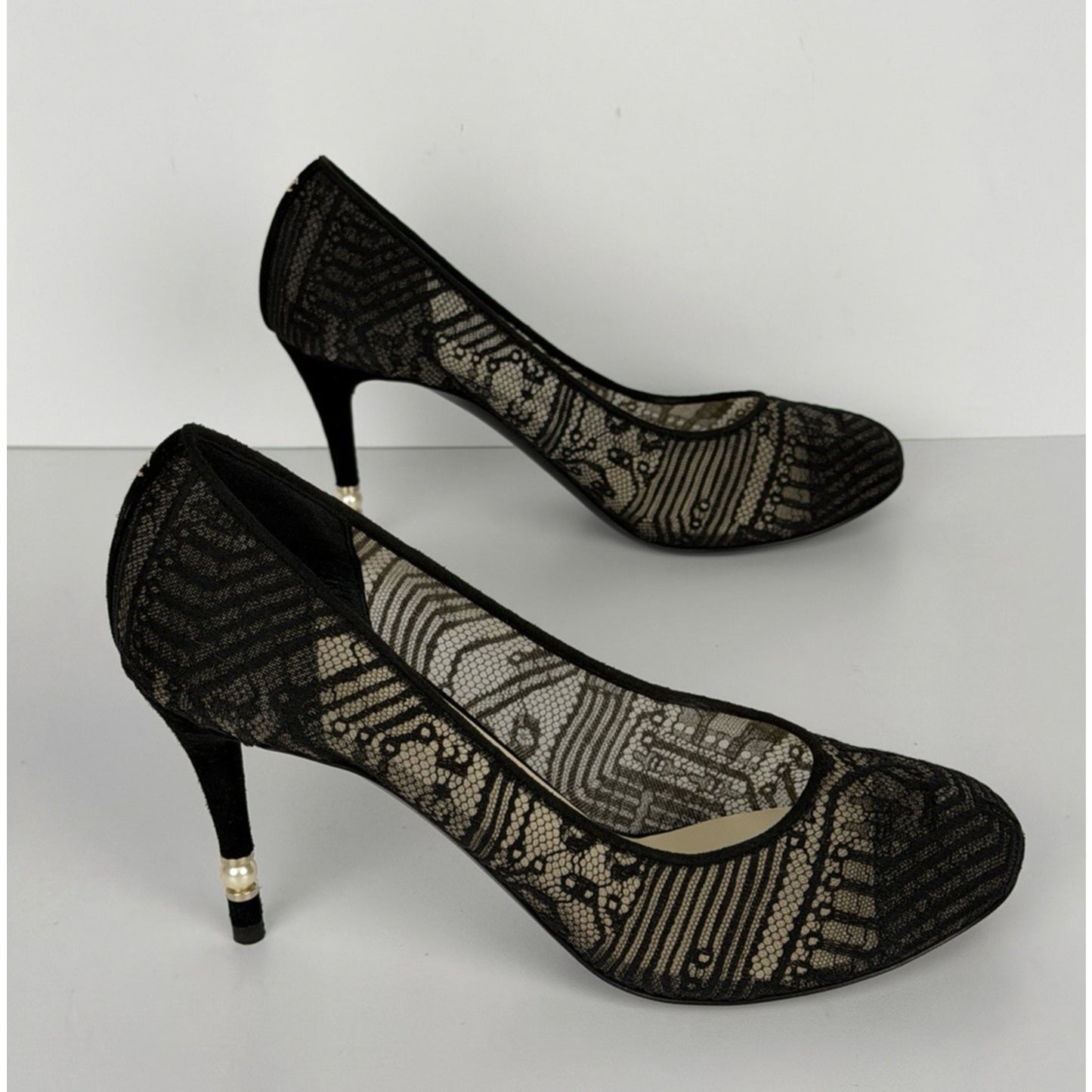 Chanel Black Lace and Mesh Pumps with Suede Heels Size 40