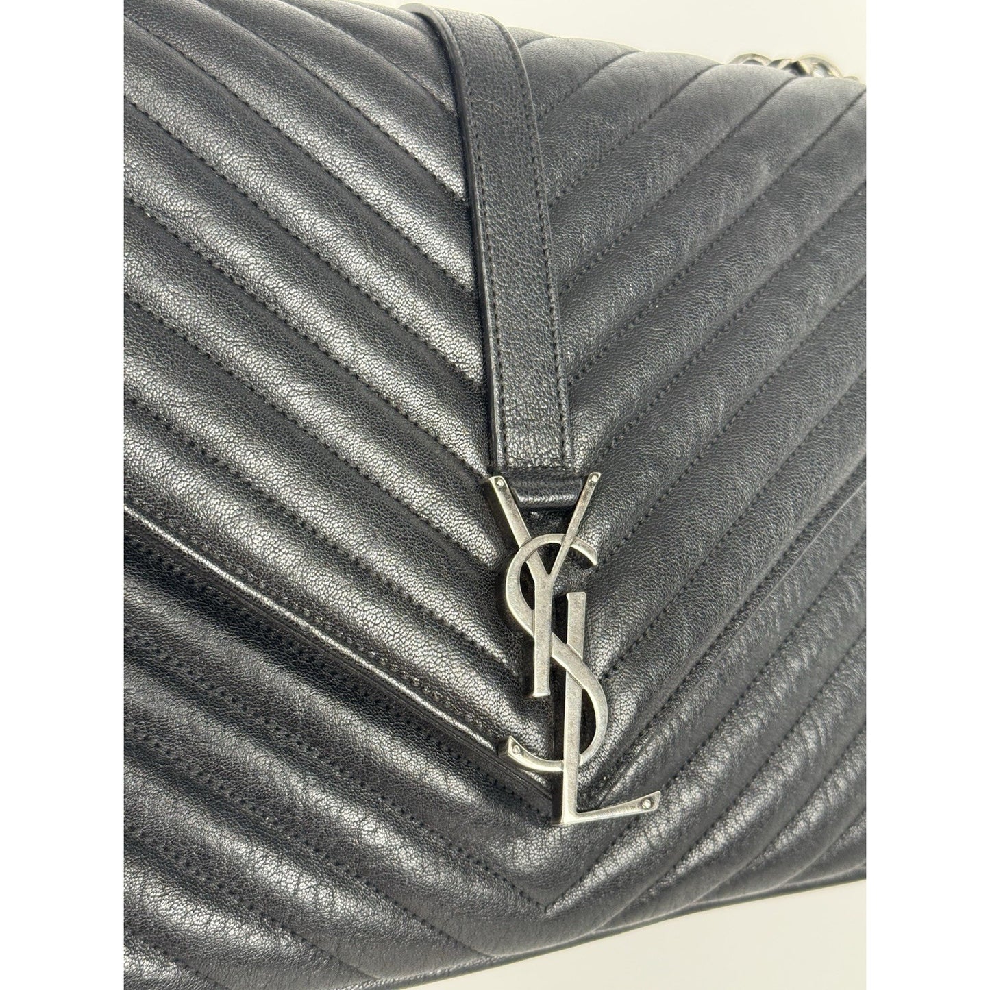 Saint Laurent Large College Satchel Black Chevron Leather Silver Hardware C5