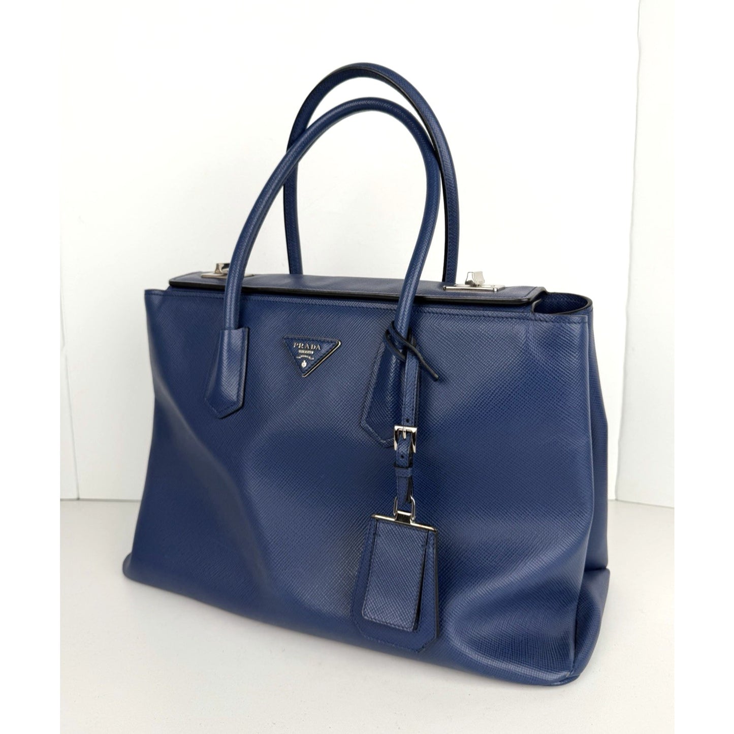 Prada Twin Tote Top Handle Bag Large in Blue Saffiano Cuir Leather S