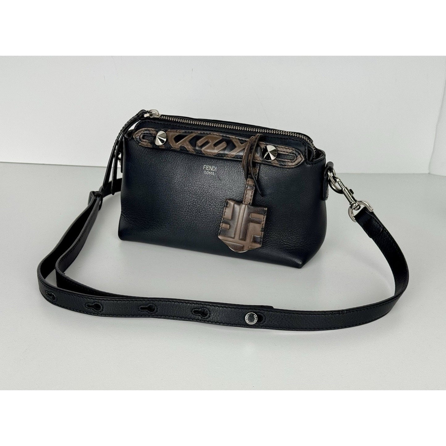 Fendi By The Way Mini Bag Black Leather Brown Trim B-1