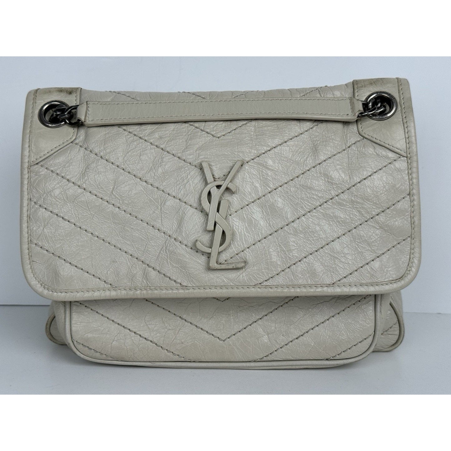 Saint Laurent Niki Medium Chain Satchel Crinkled Calfskin Matelassé Crema Soft
