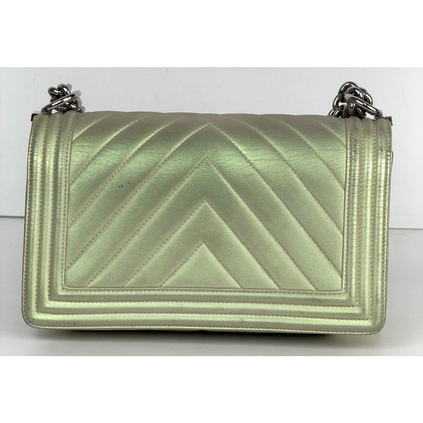 Chanel Old Medium Boy Bag in Iridescent Green Chevron Lambskin 2017 D1