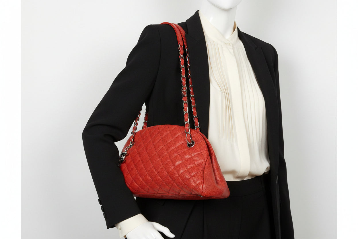 Chanel Medium Just Mademoiselle Bowling Bag in Red Caviar Leather F1