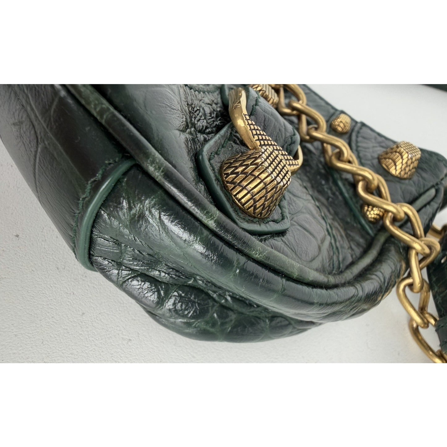 Balenciaga Le Cagole Mini Shoulder Bag in Dark Green Croc-Embossed Leather S-01