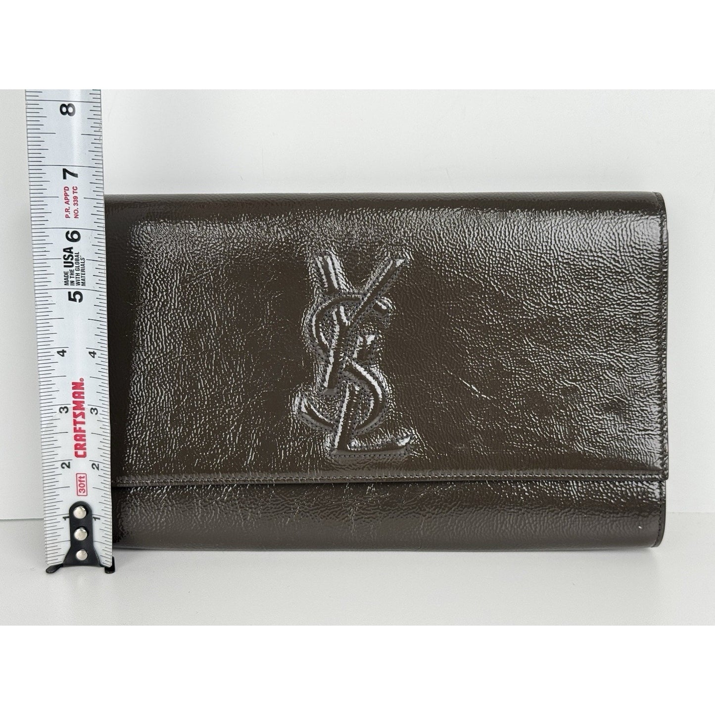 Saint Laurent Belle De Jour Patent Leather Flap Clutch Khaki w Gold Hardware C-6