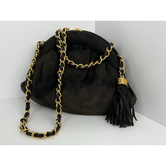 Chanel CC Matelassé Fringe Chain Shoulder Vintage Bag Black with Gold Hardware
