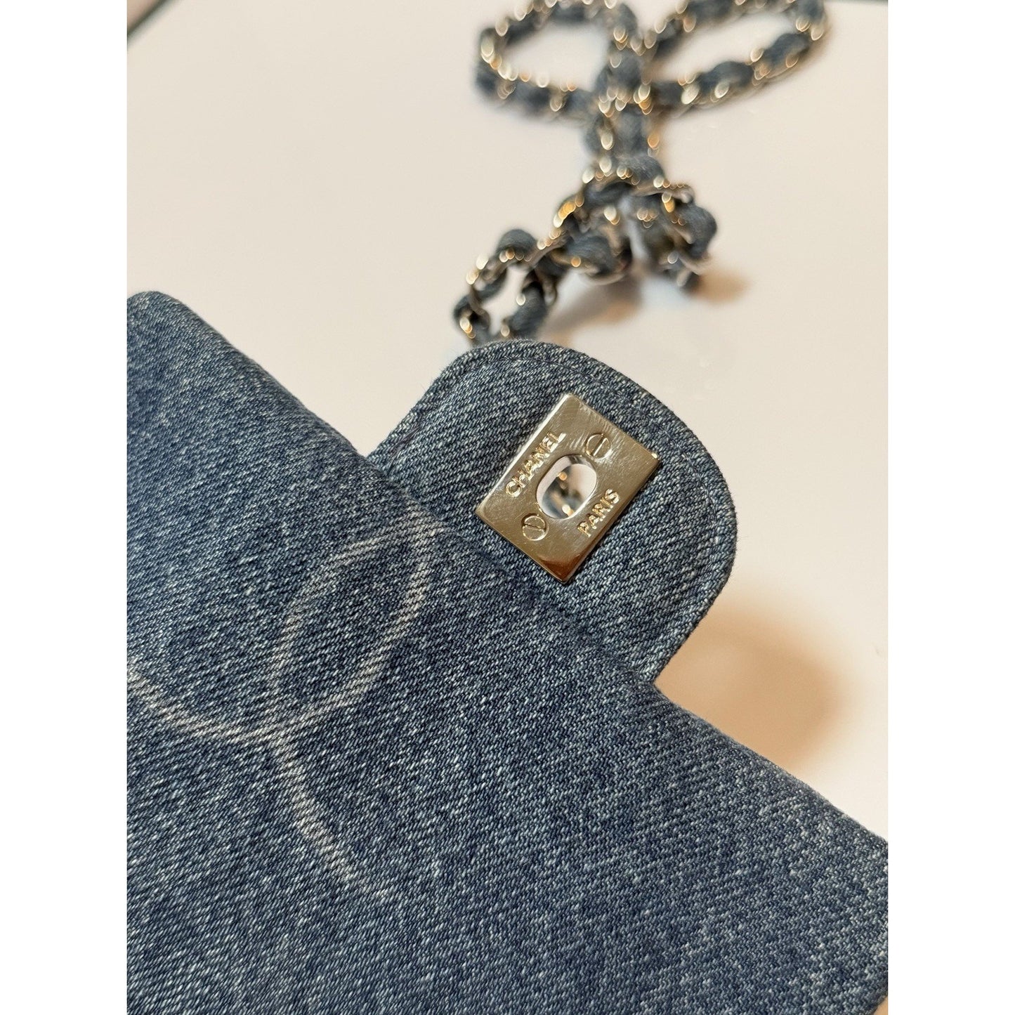 Chanel Square Classic Single Flap Bag Quilted CC Printed Denim Mini