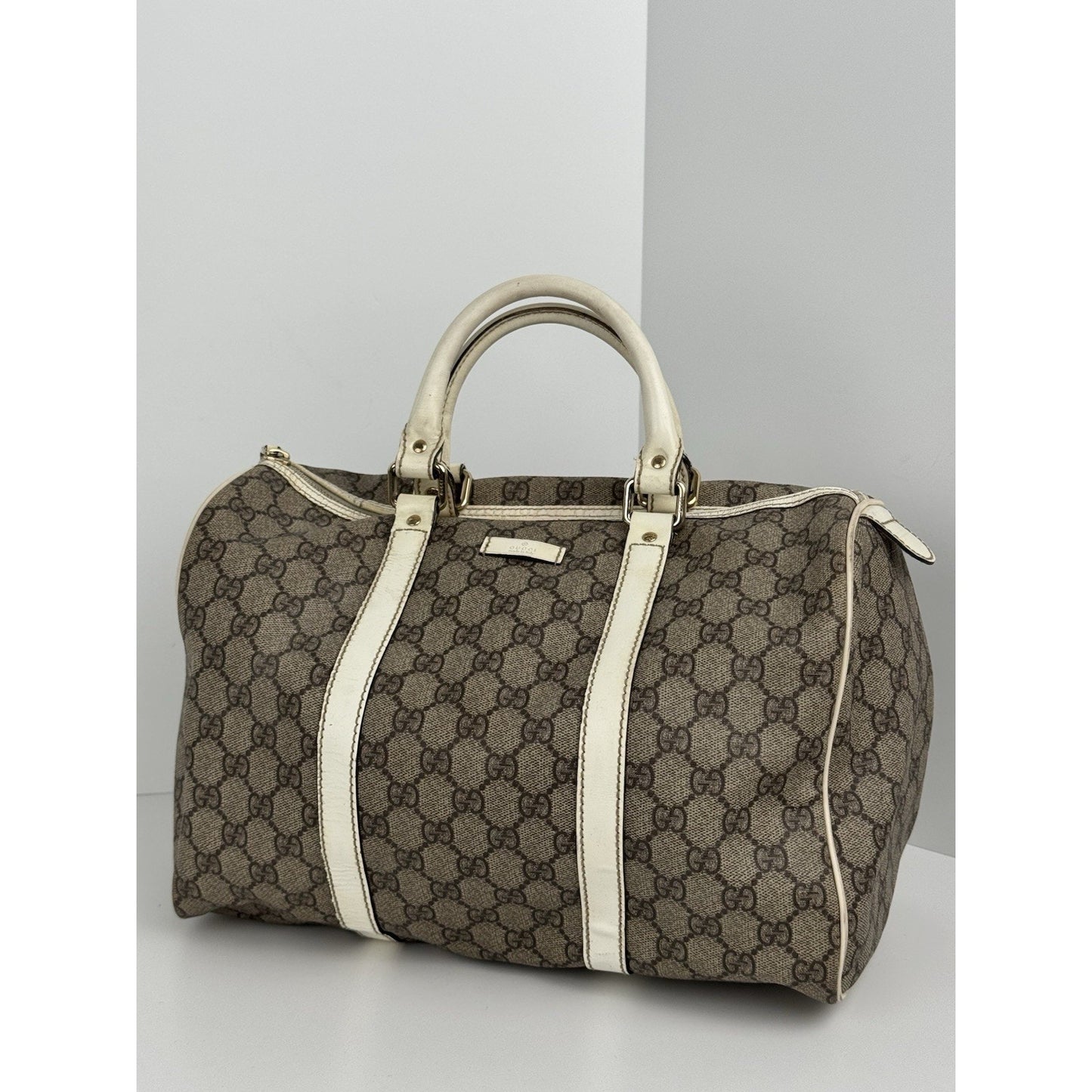 Gucci GG Supreme Medium Joy Boston Bag Brown Canvas White Leather Trim