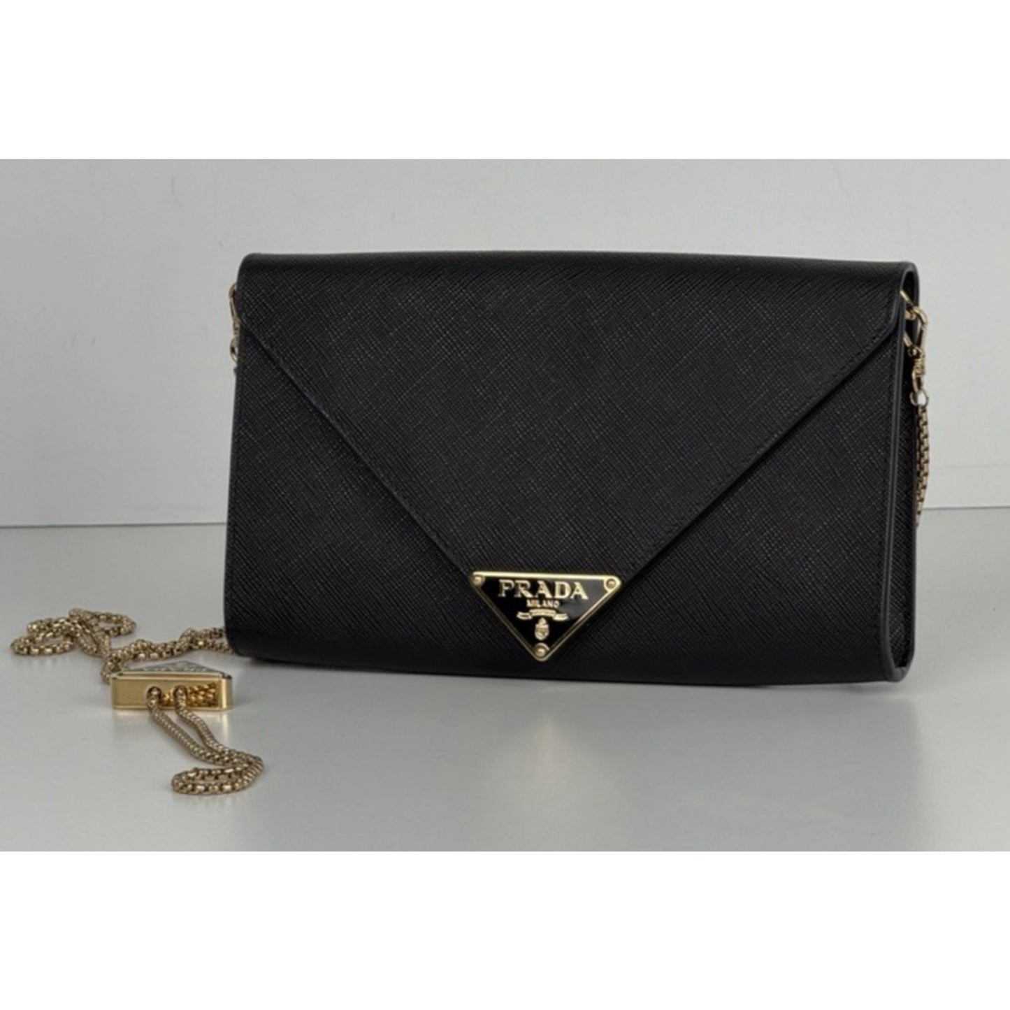 Prada Triangle Logo Plaque Envelope Chain Bag in Black Saffiano Leather NFC S11