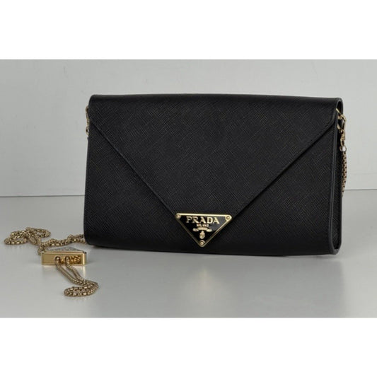 Prada Triangle Logo Plaque Envelope Chain Bag in Black Saffiano Leather NFC S11