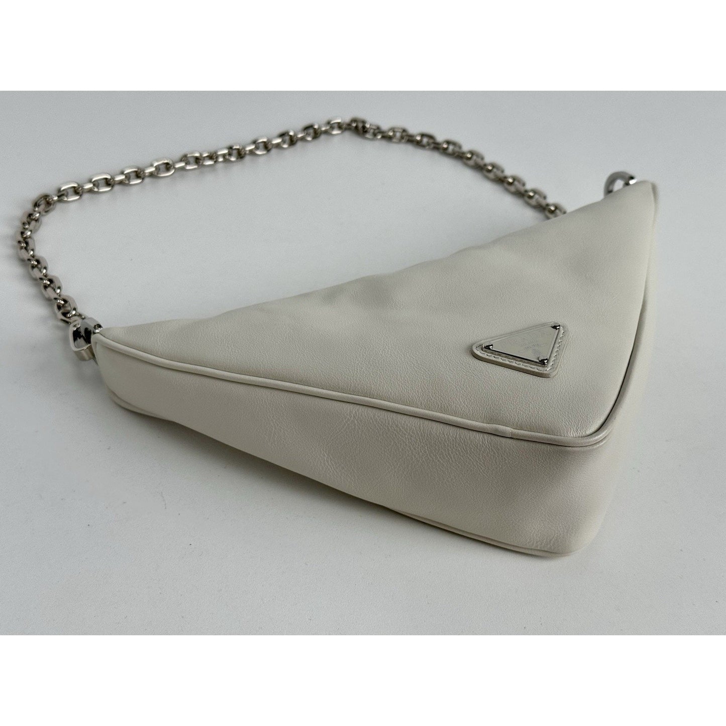 Prada Triangle Logo Shoulder Bag Ivory Leather Silver Hardware