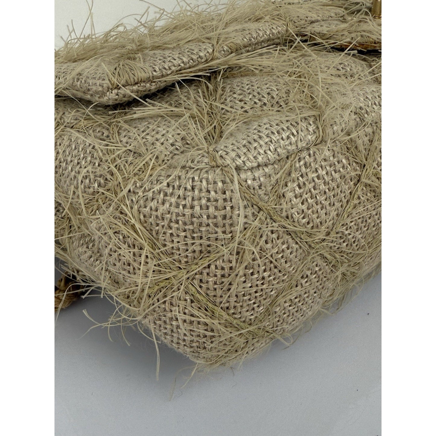 CHANEL Taupe Linen Quilted Camelia Straw Jute Raffia Medium Flap Shoulder Bag