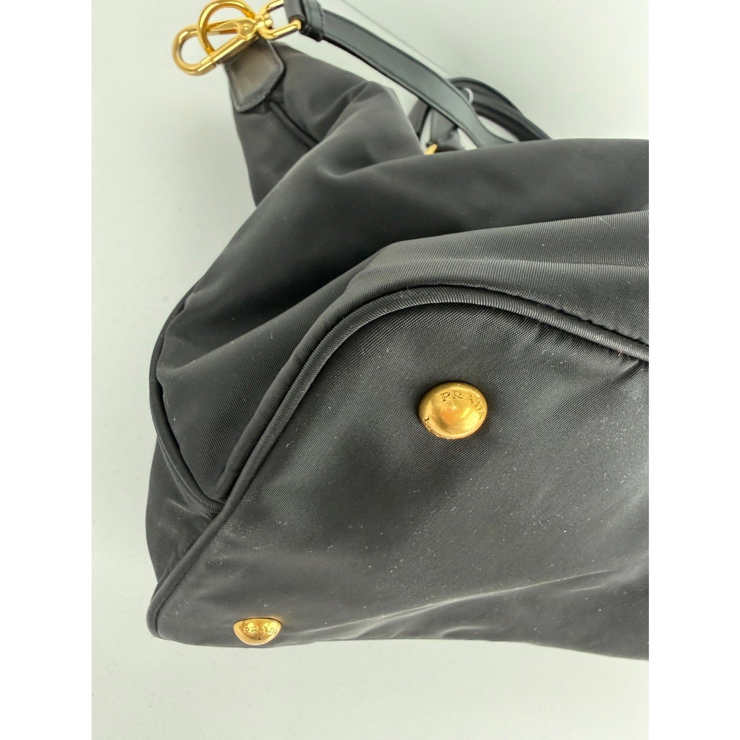Prada Tessuto Tote Bag in Black Nylon with Gold Hardware Buckle Accents S