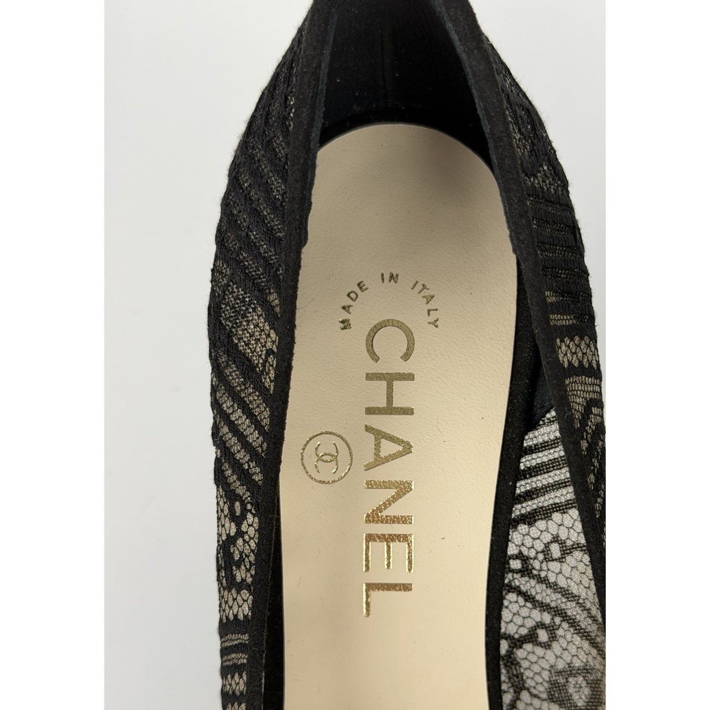 Chanel Black Lace and Mesh Pumps with Suede Heels Size 40