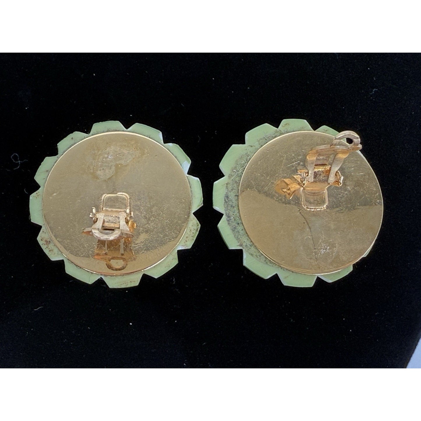 Chanel Vintage Gold Tone Clover Green Enamel Clip On Earrings