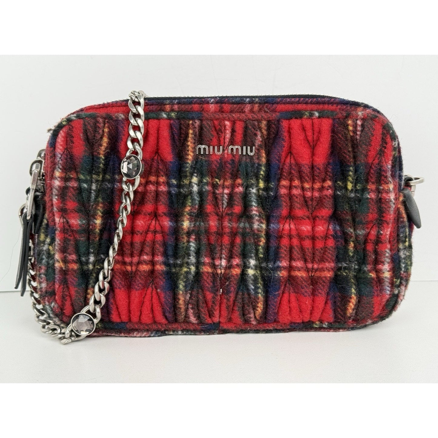 Miu Miu Tartan Matelassé Double Zip Chain Bag Red