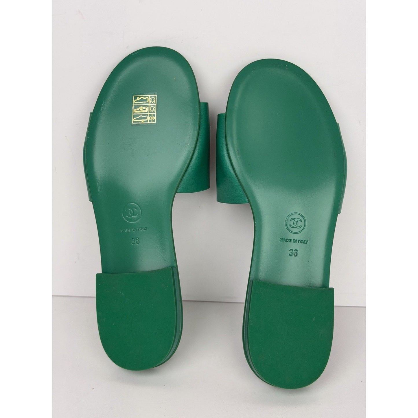Chanel Mules in Emerald Green Leather with Logo Lettering 36 EU (5.5-6 US)