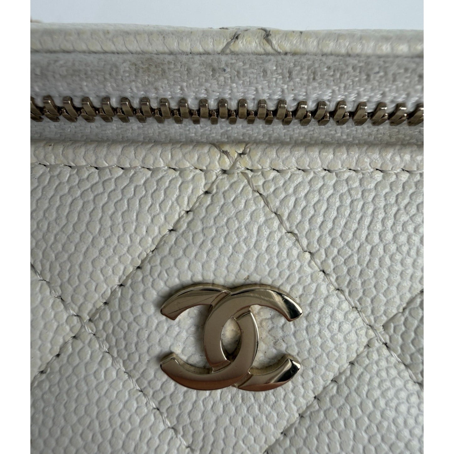 Chanel Vanity Case with Chain Small White Quilted Leather & Diamond Pattern D4