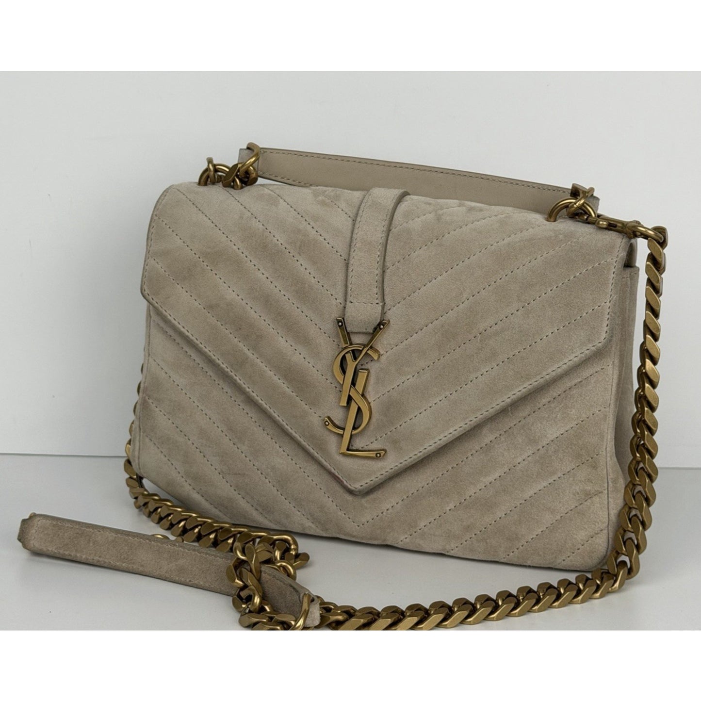 Saint Laurent Medium College Bag in Quilted Taupe Suede S10