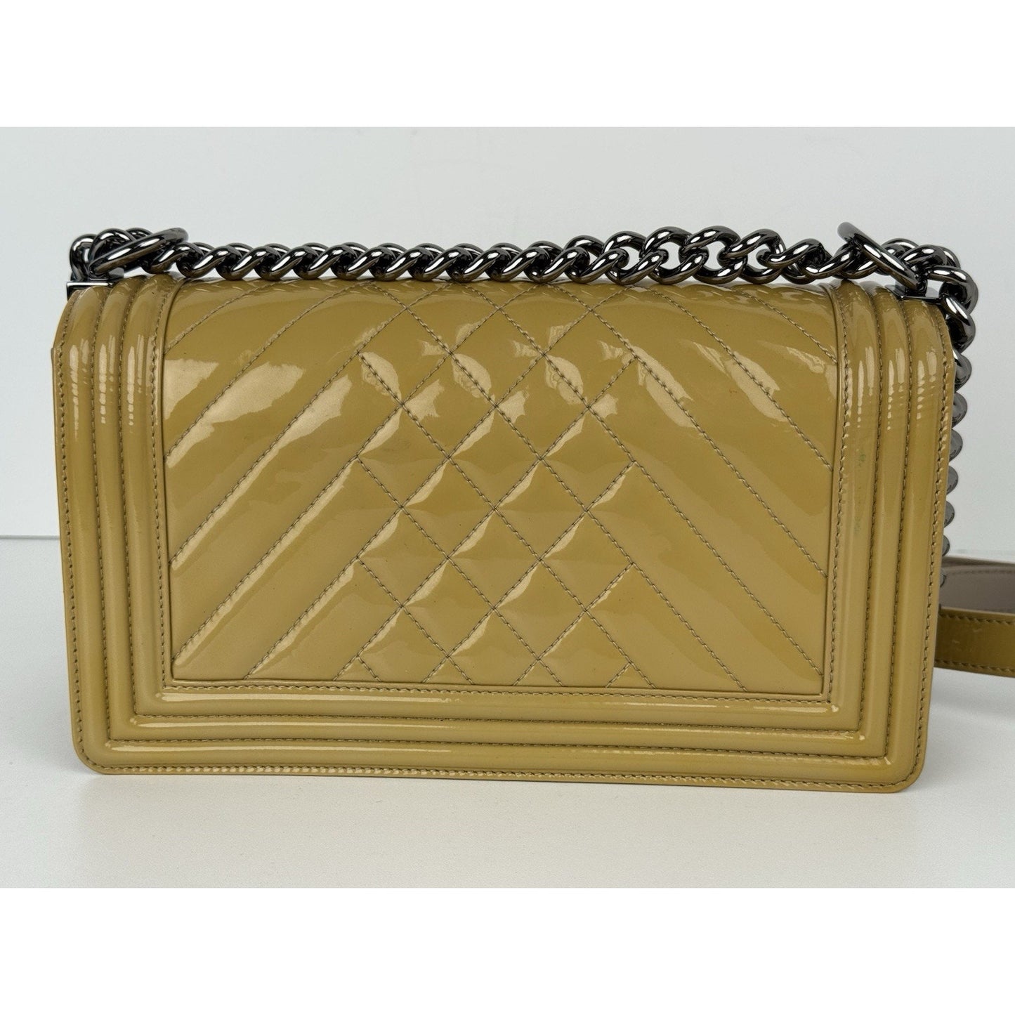Chanel Boy Medium Chevron & Quilted Mustard Patent Leather Shoulder Bag