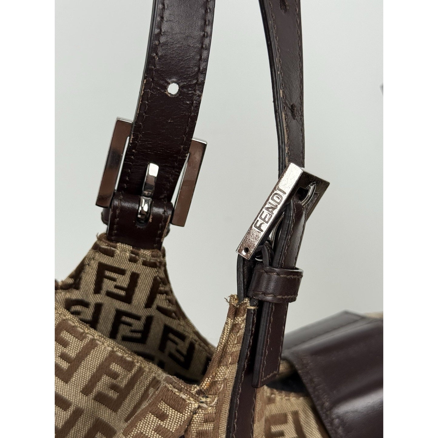 Fendi Zucchino Canvas Monogram Bag with Leather Trim and Silver Hardware