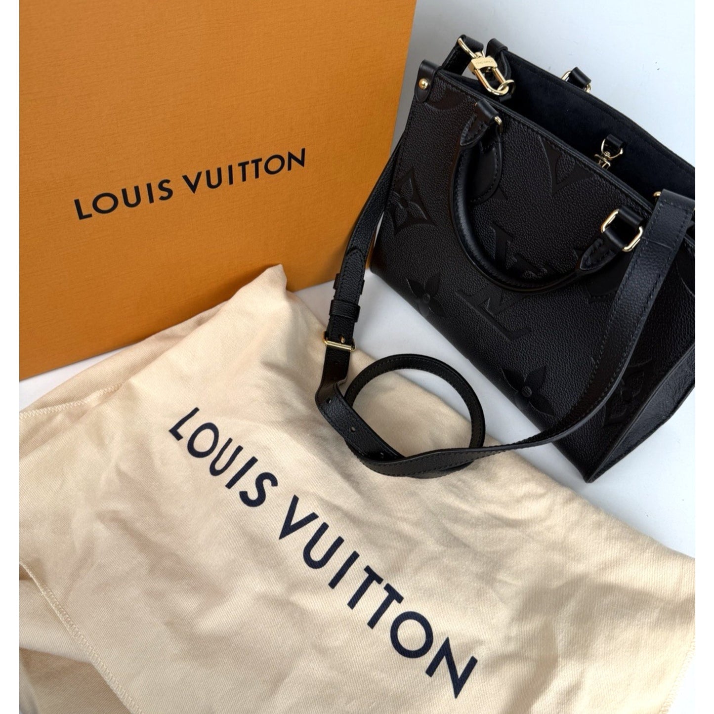 Louis Vuitton OnTheGo PM Bag in Black Embossed Monogram Empreinte Leather NFC E1