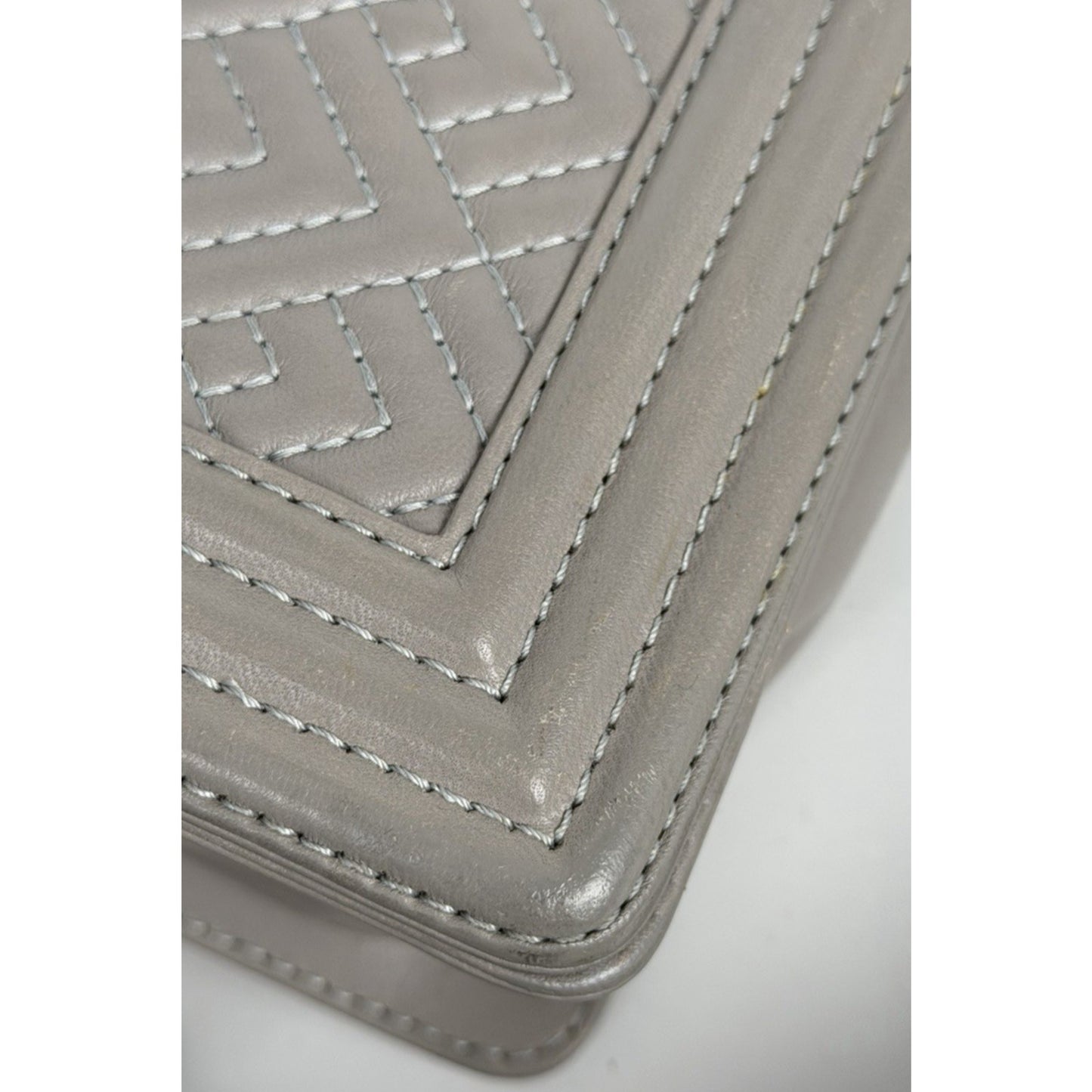 Chanel Boy Bag with Geometric Quilted Pattern in Gray Leather