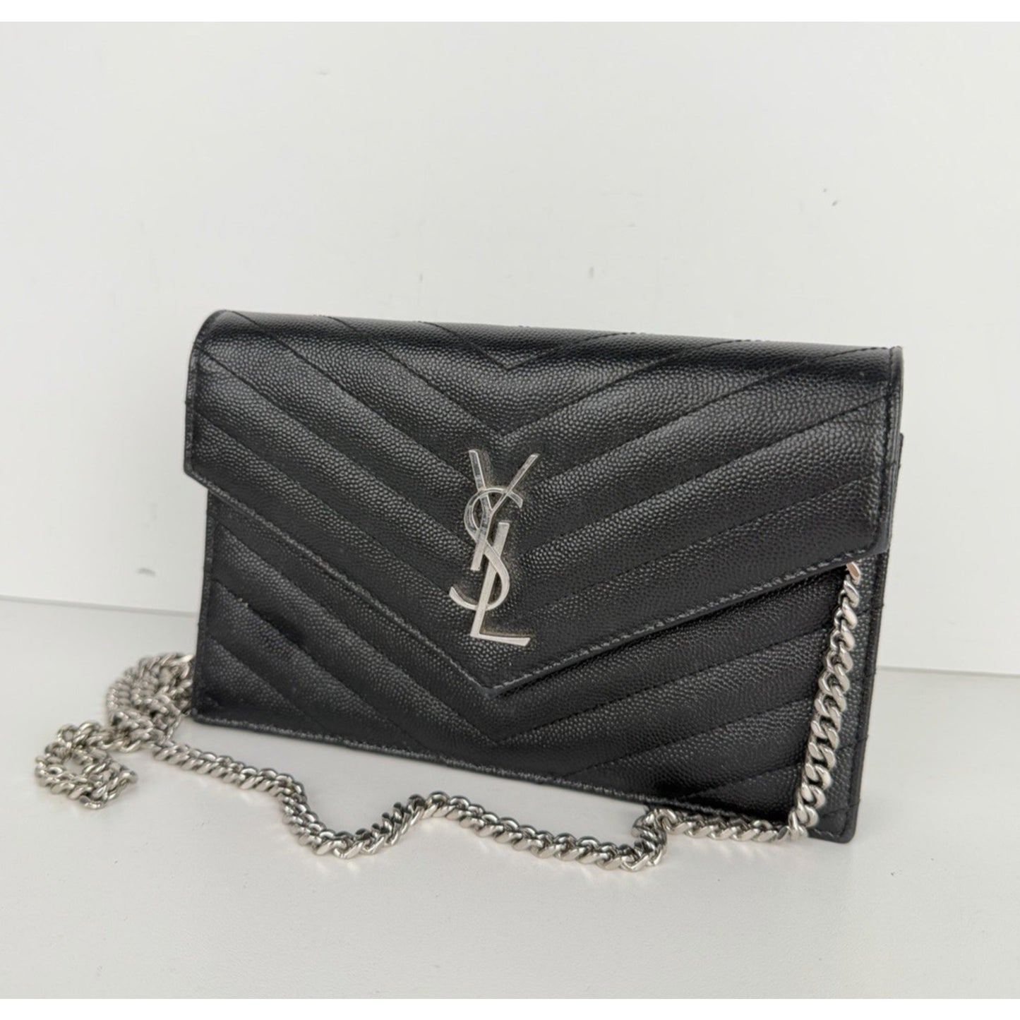 Saint Laurent Cassandre Chain Wallet Bag Small Black Grain de Poudre Leather S12